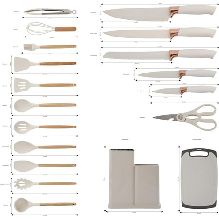 19PCS Kitchen Utensils Set for Cooking, 11 Cooking Utensils, 6 Knife set Beige,3 Utensil Sets,utensilios de cocina, Beige