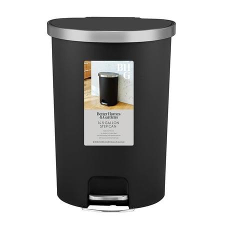 Better Homes & Gardens 14.5 Gallon Trash Can, Plastic Step On Kitchen Trash Can, Black, Black