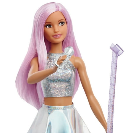 Barbie Pop Star Doll Dressed In Iridescent Skirt with Microphone and Long Pink Hair