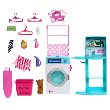 Barbie World Spinning Washer & Dryer Toy Playset with Laundry Accessories like Hangers, Basket, & More