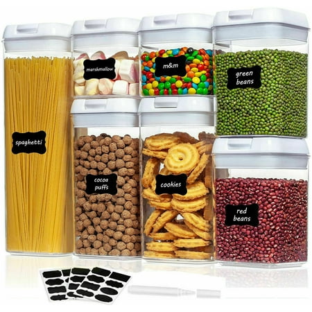 7 Pieces Airtight Food Storage Containers, BPA Free Plastic Cereal Containers with Easy Lock Lids, for Kitchen Pantry Organization and Storage, with 10 Labels and 1 Marker Pen