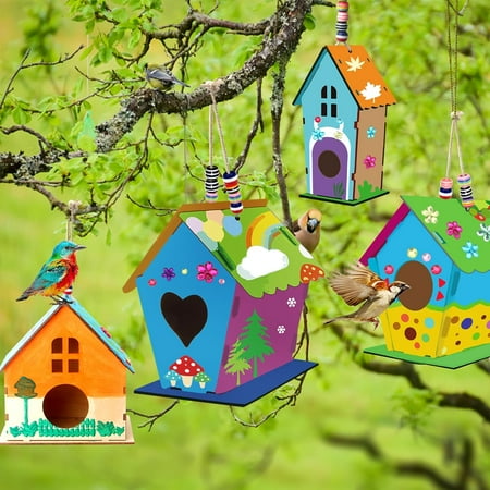 4 Pcs Bird House Kits, Arts and Crafts for Kids Ages 4-8, DIY Birdhouse Crafts for Kids to Build and Paint, Painting for Kids Ages 4-12, Wooden Birdhouse Art, Birthday, Children's Day ,Christmas Gift