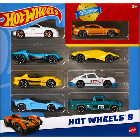 Hot Wheels Set of 8 Basic Toy Cars & Trucks in 1:64 Scale Including 1 Exclusive Car, Styles May Vary