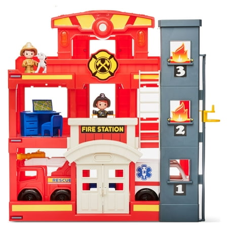 Kid Connection Fire Station Emergency Vehicle Playset with Light & Sound. 31 Pieces, Toddler Toys, Age 3+