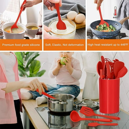 Walchoice 14 Pcs Cooking Utensils Set with Holder, Heat Resistant Silicone Kitchen Cookware Utensils Set, Kitchen Cooking Tools Includes Spatula Spoon Turner Whisk Tong, Dishwasher safe, Red, Red