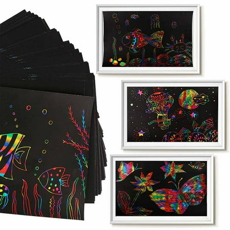 Scratch Paper Art for Kids, 50 Sheets Rainbow Scratch Paper Arts and Crafts for Kids Black Scratch Paper Art Notes Paper Boards with 5 Wooden Stylus and 4 Drawing Rulers and 1 Pencil Sharpener