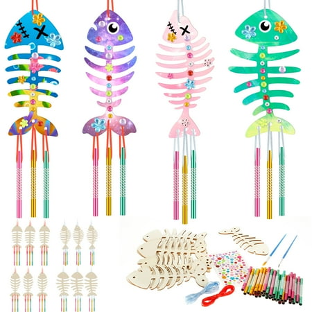 12 Pack Wind Chime Kit for Kids,Fish Wind Chime Kit Wooden Arts and Crafts for Girls Boys DIY Fish Bone Craft for Art Activity Birthday Party, 1 Set?12Pcs?