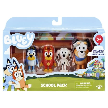 Bluey School Figure 4-Pack, with Calypso, Bluey, Chloe, Rusty Ages 3+, Toddler Toy