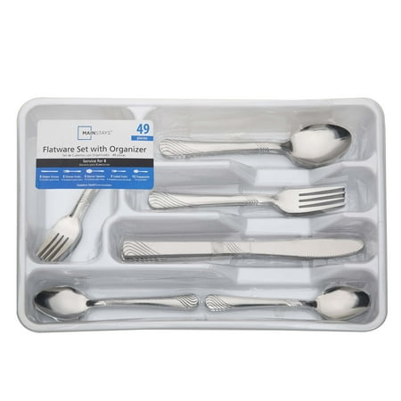 Mainstays Swirl 49 Piece Stainless Steel Flatware and Organizer Tray Set, Silver, Service for 8 3.29 lb