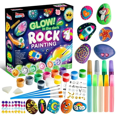 12 Rock Painting Kit, 43 Pcs Arts and Crafts for Kids Ages 5-7, Art Supplies with 18 Paints (Glow in The Dark & Metallic & Standard), Craft Paint Kits for Boys and Girls Ages 8-11, Old