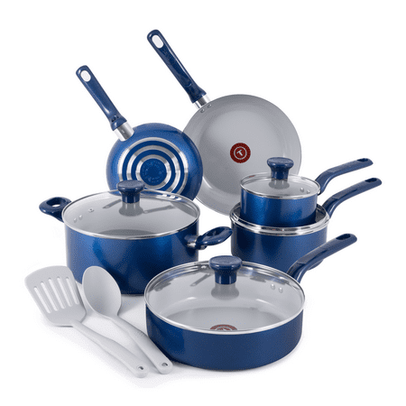 T-fal Easy Care Ceramic Non-Stick, 12 Piece Pots and Pans Cookware Set, Electric BlueBlue,