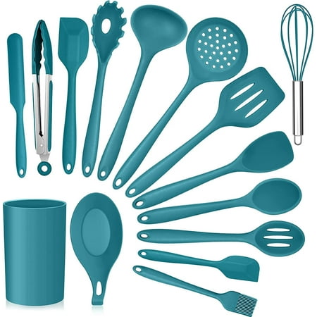 Vesteel 15-Piece Kitchen Utensils Set, Silicone Cooking Utensils with Holder, Non-stick Cookware Friendly & Heat Resistant - Teal Blue, Blue