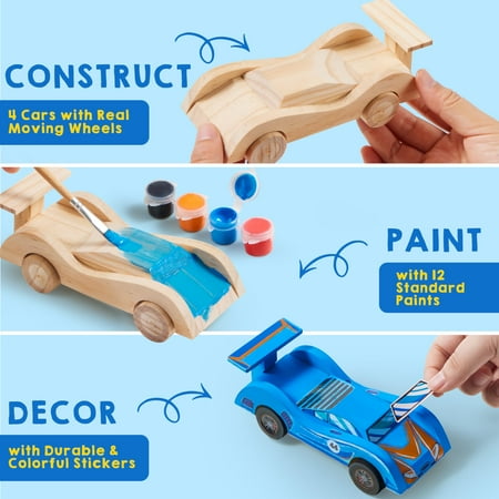 SYNCFUN 4 Piece Wooden Race Car Building & Painting Art Kit for Kids,Birthday Gift for Boys Ages 6+