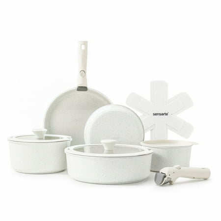 SENSARTE Pots and Pans Set Nonstick with Detachable Handles, 14pcs Induction Cookware Set Stackable, Space Saving Kitchen Cookware Sets Non-Stick with Removable Handle, RV Cookware, PFOA Free, White
