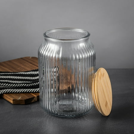 Thyme & Table Large (3 L) Ribbed Glass Kitchen Organization Jar with Bamboo Lid, Clear