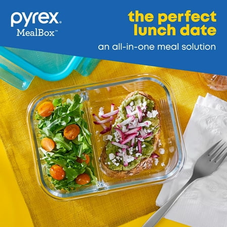 Pyrex MealBox 2.3-cup Divided Glass Food Storage Container with Blue Lid, 2.1 cup