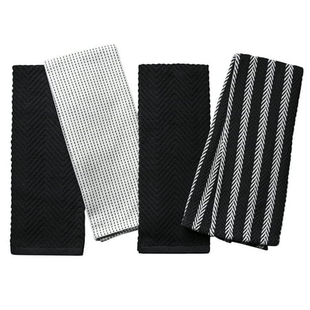 Thyme & Table Kitchen Towels, White and Black, 4 Pack Set