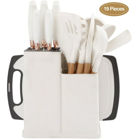 19PCS Kitchen Utensils Set for Cooking, 11 Cooking Utensils, 6 Knife set Beige,3 Utensil Sets,utensilios de cocina, Beige