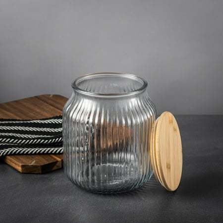 Thyme & Table Medium (2.6 L) Ribbed Glass Kitchen Organization Jar with Bamboo Lid, Clear