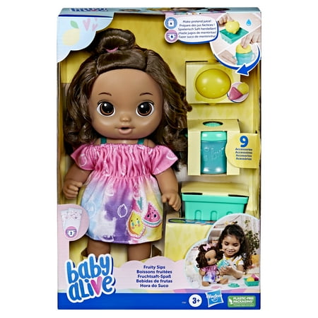 Baby Alive Fruity Sips Doll, Lemon, Pretend Juicer Baby Doll Set, Kids 3 and Up, Brown Hair