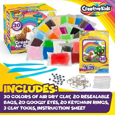 Creative Kids Air Dry Clay Modeling Crafts Kit For Children - Super Light Nontoxic - 30 Vibrant Colors & 3 Clay Molding Set, Bulk