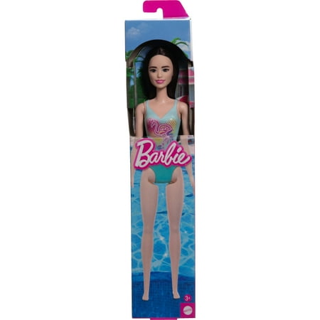 Beach Barbie Doll with Black Hair Wearing Blue One-Piece Swimsuit with Tropical Print