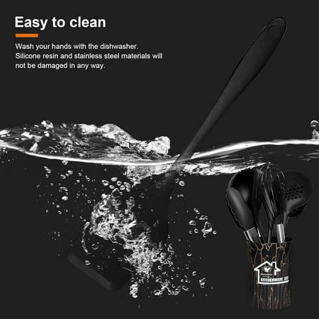 18PCS Silicone Cooking Utensils Set - 446?F Heat Resistant Kitchen Utensils,Turner Tongs,Spatula,Spoon,Brush,Whisk,Kitchen Utensil Gadgets Tools Set for Nonstick Cookware,Dishwasher Safe - Black, Black