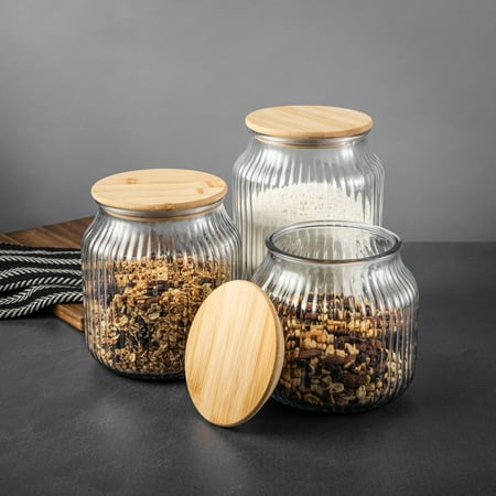 Thyme & Table Small (2.2 L) Ribbed Glass Kitchen Organization Jar with Bamboo Lid, Clear