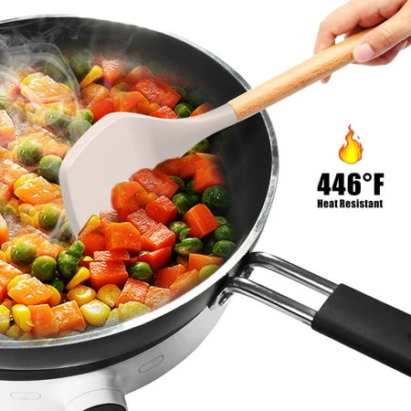 oannao Silicone Cooking Utensils Set - 446?F Heat Resistant Silicone Kitchen Utensils for Cooking,Kitchen Utensil Spatula Set w Wooden Handles,Holder, BPA FREE Gadgets for Non-Stick Cookware (Khaki), Beige