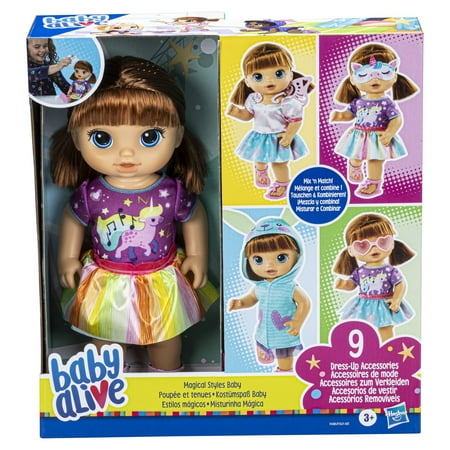 Baby Alive Magical Styles Doll, 12-Inch Toy for Kids Ages 3+, 9 Accessories, Brown Hair