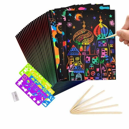Scratch Paper Art for Kids, 50 Sheets Rainbow Scratch Paper Arts and Crafts for Kids Black Scratch Paper Art Notes Paper Boards with 5 Wooden Stylus and 4 Drawing Rulers and 1 Pencil Sharpener