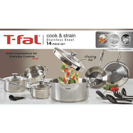 T-fal Cook & Strain Stainless Steel Cookware Set, 14 piece Set