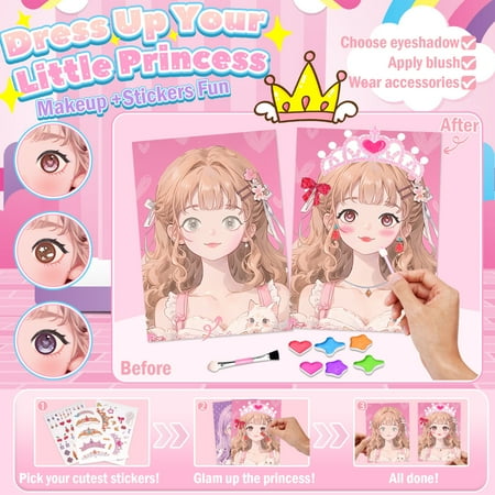 Celecstan Girl Toys Age 6-8-11, Arts and Crafts for Kids ages 8-12, 3 in 1 Kids Princess Paper Makeup Kit for 6 7 8 9 10 11 Year Old Girl Birthday Gifts