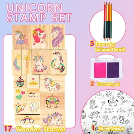 PinkSheep Unicorn Wooden Stamp Set, Arts Crafts Kit Set with 17 Stampers, 2 Ink pads, 5 Colored Pencils, 31 Stickers