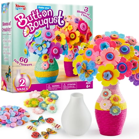 Klever Kits Button Flower Craft with 2 Vases, DIY Flower Bouquet Art and Crafts Gift for Girls Birthday