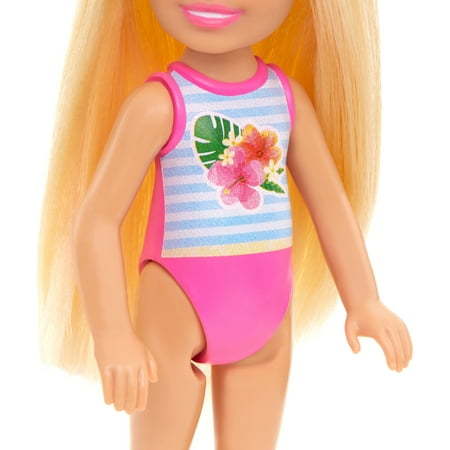 Barbie Chelsea Small Doll with Beach Swimsuit, Stripes & Floral Print, Blonde Hair & Blue Eyes