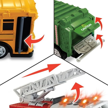 Adventure Force Light & Sound Mini City Service Vehicles, 3 Pack, School Bus, Fire Truck and Recycling Truck