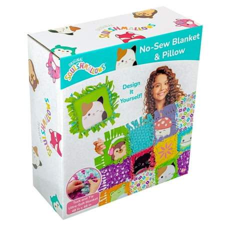 Squishmallows Pattern No-Sew Blanket & Pillow Tween DIY Craft Kit, Multicolor