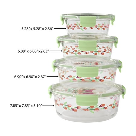 The Pioneer Woman Painted Meadow Round Glass Food Storage Containers with Tritan Lid. Set of 4, 8 Pieces