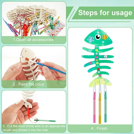 12 Pack Wind Chime Kit for Kids,Fish Wind Chime Kit Wooden Arts and Crafts for Girls Boys DIY Fish Bone Craft for Art Activity Birthday Party, 1 Set?12Pcs?