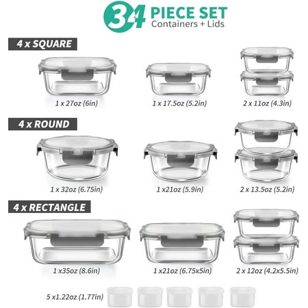 34pcs Glass Food Storage Containers with Lids Set, Airtight Meal Prep Containers (17 Containers & 17 Lids), Grey, Gray