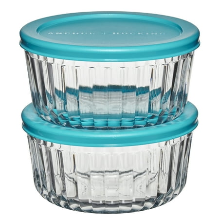 Anchor Hocking Sculpted Glass Food Storage Container with Lids, 4 Cup Round, Set of 2