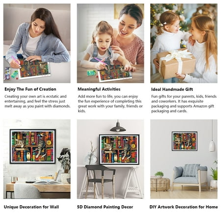 TISHIRON 5D Full Drill Diamond Art Painting Kits for Adults Kids Cat on Bookshelf DIY Round Diamond Art Painting Kit Animal Paint by Diamonds for Adults, 12x16 Inches, Other, 12" x 16"