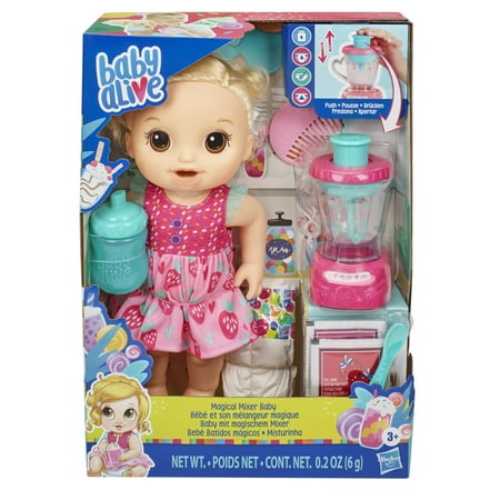 Baby Alive Magical Mixer Baby Doll Strawberry Shake, Blender, Drinks, Wets, Eats, Blonde Hair Toy, Strawberry Shake