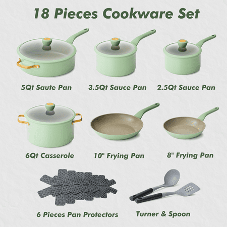 SENSARTE Nonstick Pots and Pans Set, 18 Pieces Non Stick Cookware Set, Induction Kitchen Cookware Sets Green, PFOA Free, Green