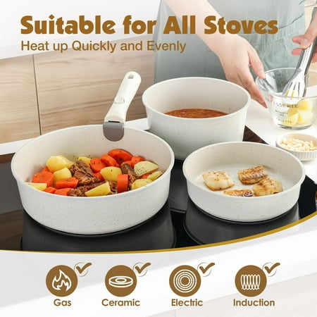 SENSARTE Nonstick Pots and Pans Set with Detachable Handle, 8pcs Cooking Pots and Pans Set with Removable Handle, Space Saving Cookware Sets, PFOA Free, Dishwasher and Oven Safe, White