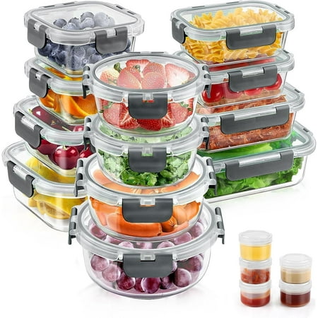 34pcs Glass Food Storage Containers with Lids Set, Airtight Meal Prep Containers (17 Containers & 17 Lids), Grey, Gray