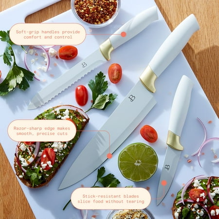Beautiful 3-Piece Soft Grip Stainless Steel Chef Knife Set White and Gold by Drew Barrymore