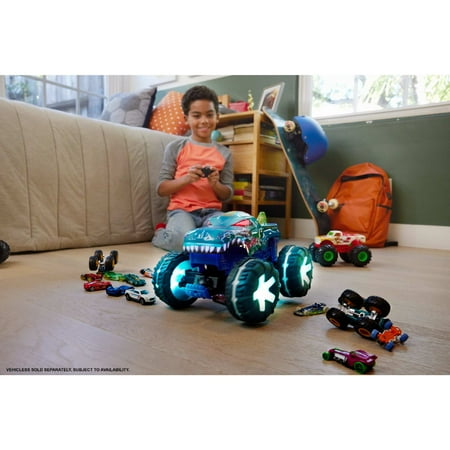 Hot Wheels Monster Trucks 1:15 Scale Mega-Wrex Alive Remote-Control Vehicle, Battery-Powered RC with Interactive Lights & Sounds
