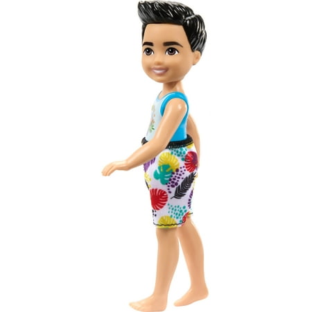 Barbie Chelsea Small Doll with Beach Swimsuit, Toucan & Tropical Leaf Print, Black Hair & Brown Eyes